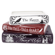 Edgar Allan Poe stacked books planter showing The Raven, The Tell-Tale Heart and House of Usher designs
