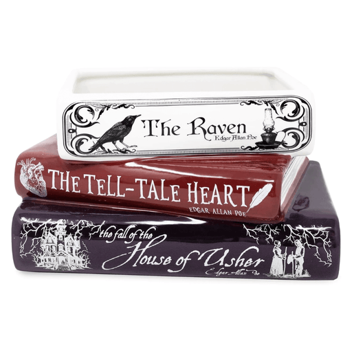 Edgar Allan Poe stacked books planter showing The Raven, The Tell-Tale Heart and House of Usher designs