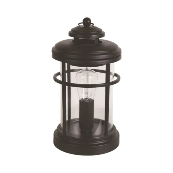 Black Edison lantern wax melt burner with lid on, clear glass panels, 22cm