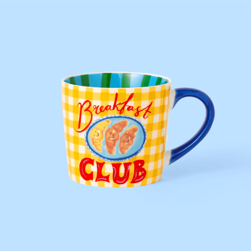 Eleanor Bowmer Breakfast Club mug with yellow gingham pattern and blue handle