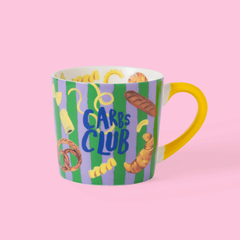 Eleanor Bowmer Carbs Club mug with green and purple stripes and yellow handle