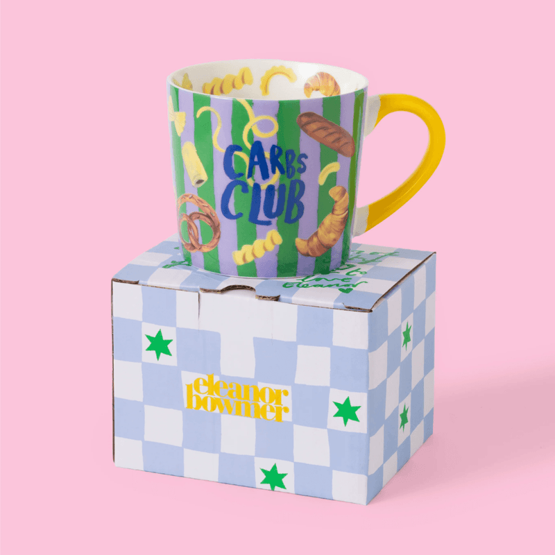 Eleanor Bowmer Carbs Club mug presented with its patterned gift box