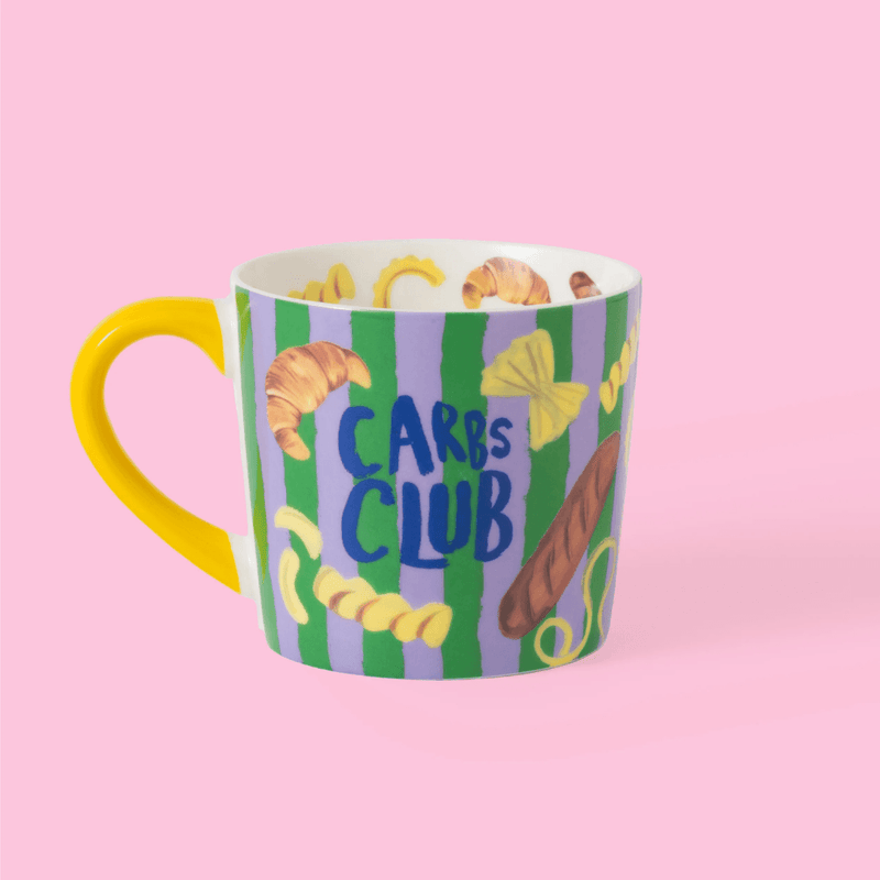 Reverse of Eleanor Bowmer Carbs Club mug with pasta and bread illustrations