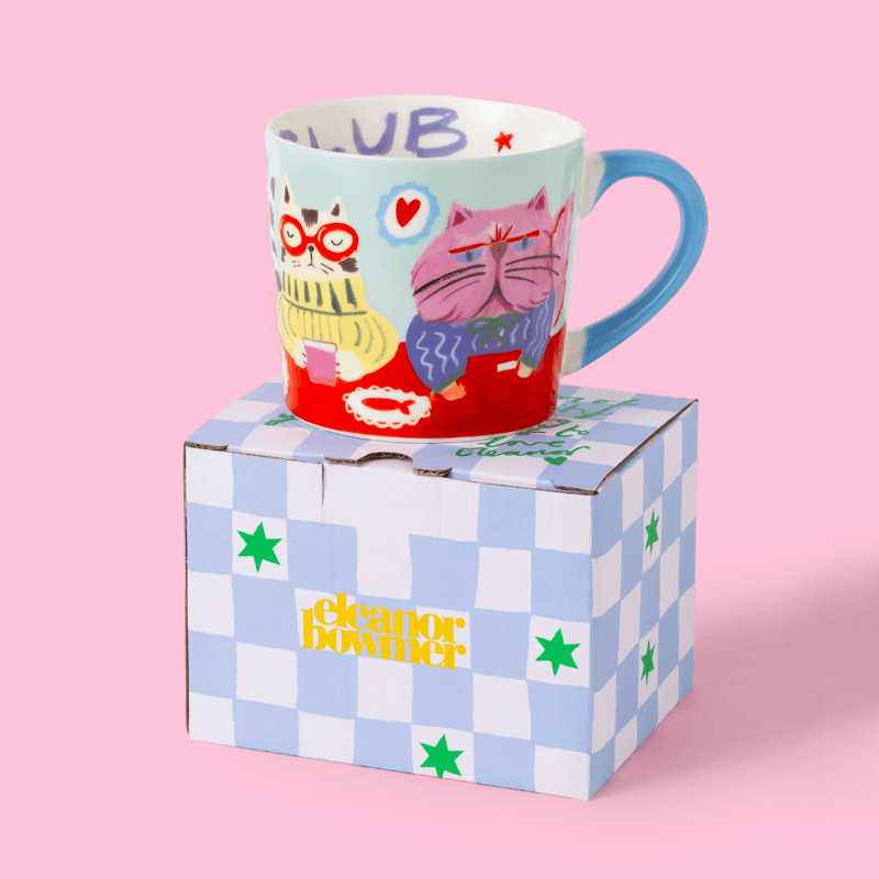 Eleanor Bowmer Cool Cat Club mug presented with its patterned gift box