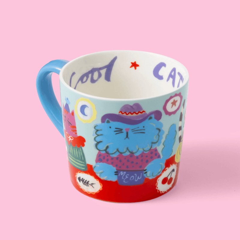 Eleanor Bowmer Cool Cat Club mug showing lettering around the inside rim