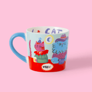 Reverse of Eleanor Bowmer Cool Cat Club mug with illustrated pink and blue cats