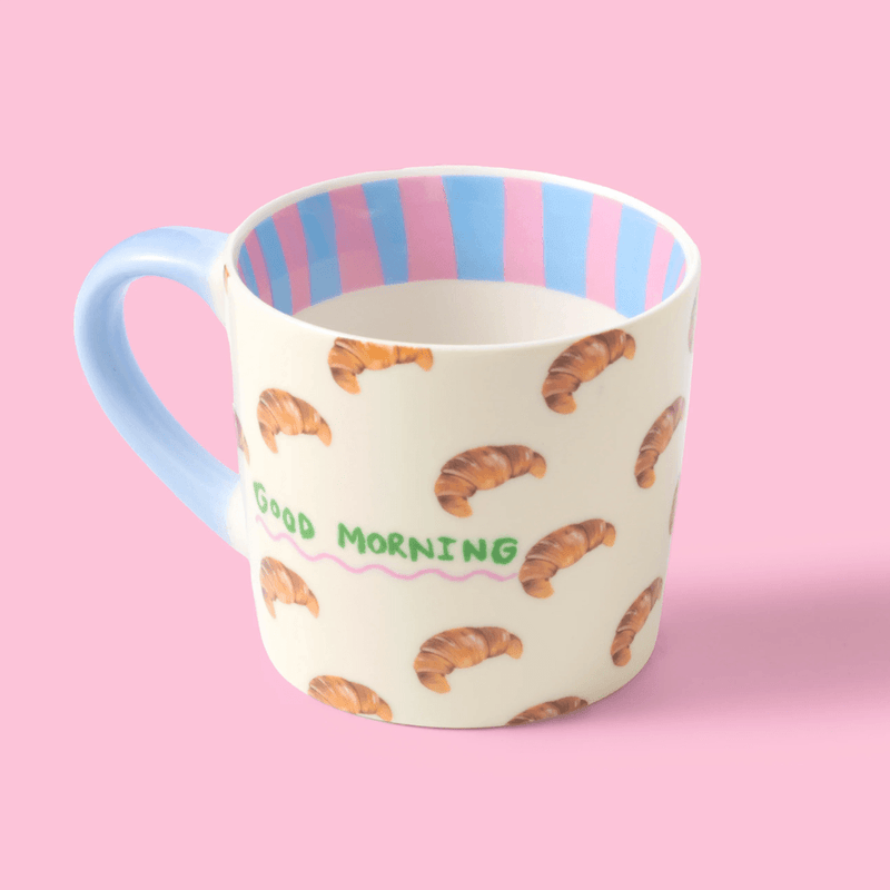 Eleanor Bowmer croissant mug showing pink and blue striped inner rim