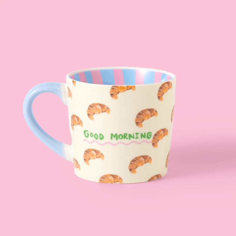 Reverse of Eleanor Bowmer Good Morning mug with repeating croissant pattern