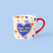 Eleanor Bowmer Love You Bestie mug with colourful hanging hearts and red handle