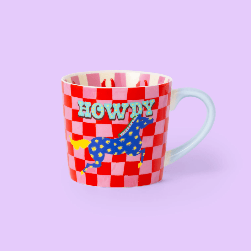 Eleanor Bowmer Howdy mug with star-covered blue horse and checkerboard pattern