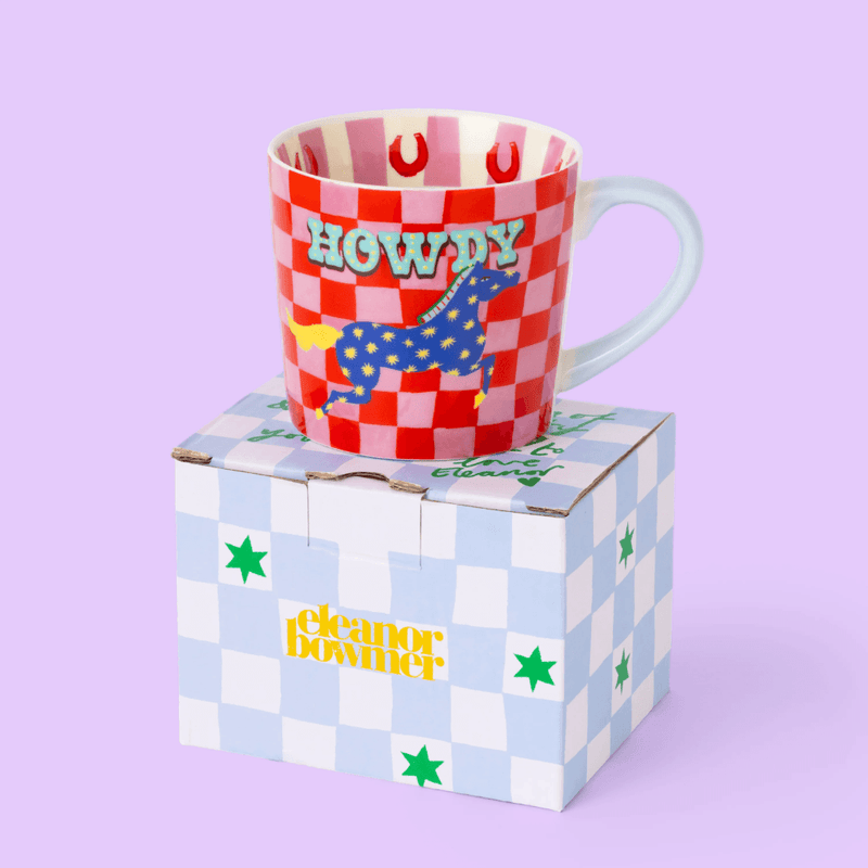 Eleanor Bowmer Howdy horse mug presented with its patterned gift box