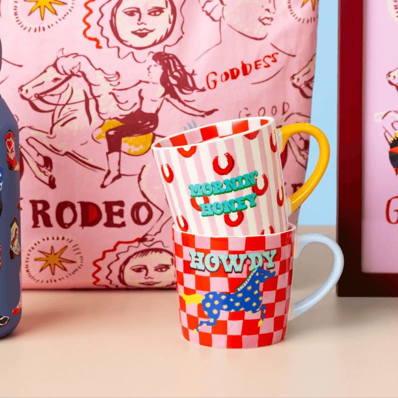 Eleanor Bowmer Howdy horse mug displayed with colourful Western-themed homeware