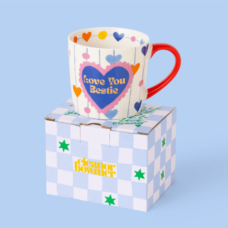 Eleanor Bowmer Love You Bestie mug presented with its patterned gift box
