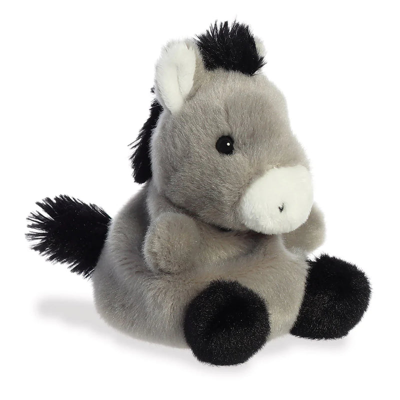 Angled view of Eli Donkey Palm Pals plushie highlighting soft grey coat and friendly eyes

