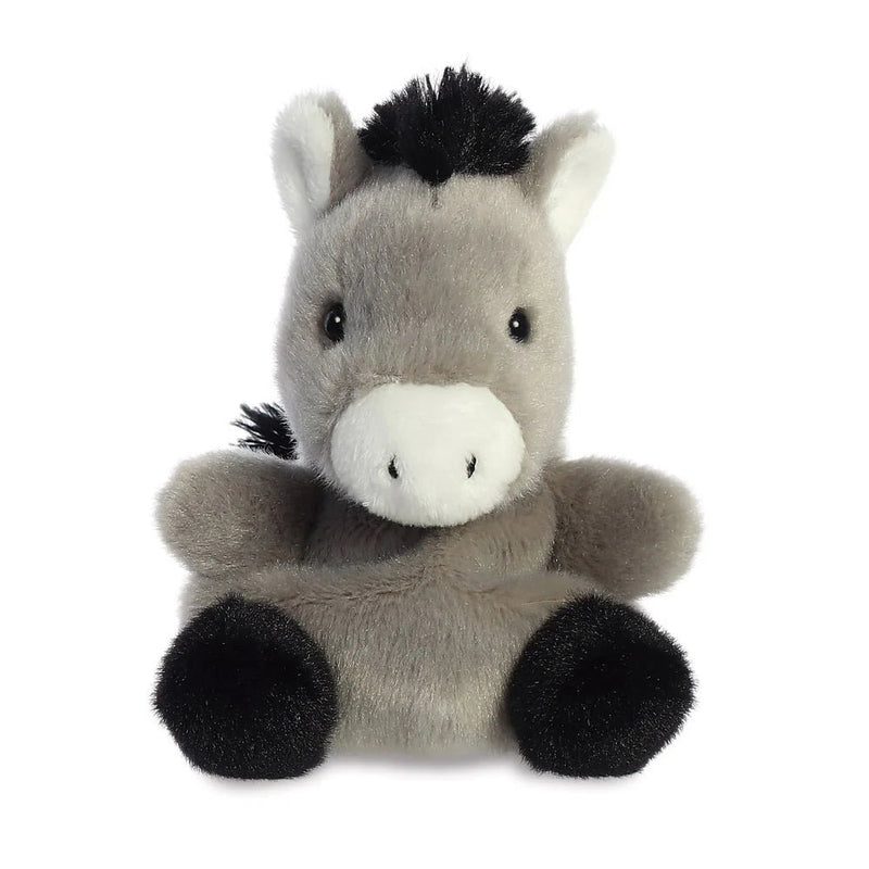 Palm Pals Eli Donkey plush toy front view with grey fur, white muzzle and black hooves

