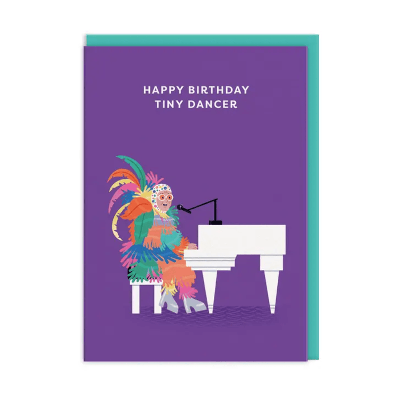 Elton John Tiny Dancer birthday card by Ohh Deer with colourful piano illustration