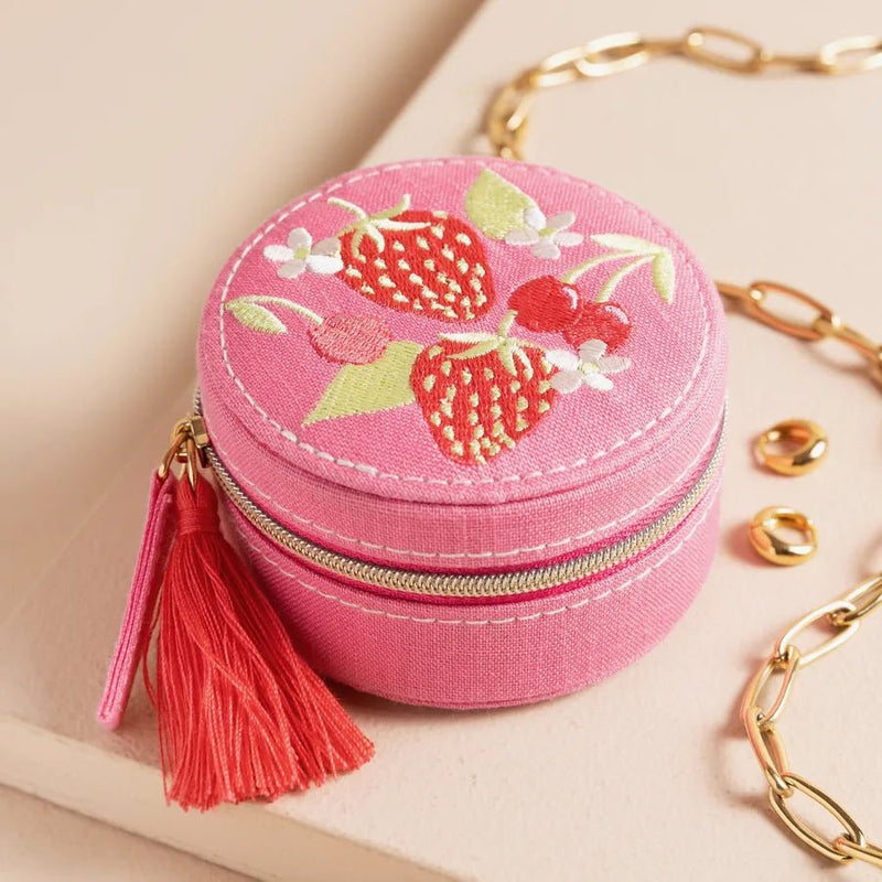 Lisa Angel Embroidered Strawberry Round Travel Jewellery Case in Pink – Something Different Gift Shop