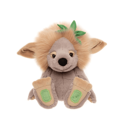 Emerald Lou Bearhouse by Charlie Bears crystal troll plush toy, front view on white background with fluffy tan mane and green crystal foot pads