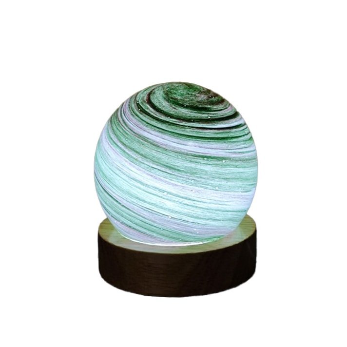 Emerald Solstice green planet USB night light on wooden base, swirling cosmic stripes, compact 8 cm gift lamp for children
