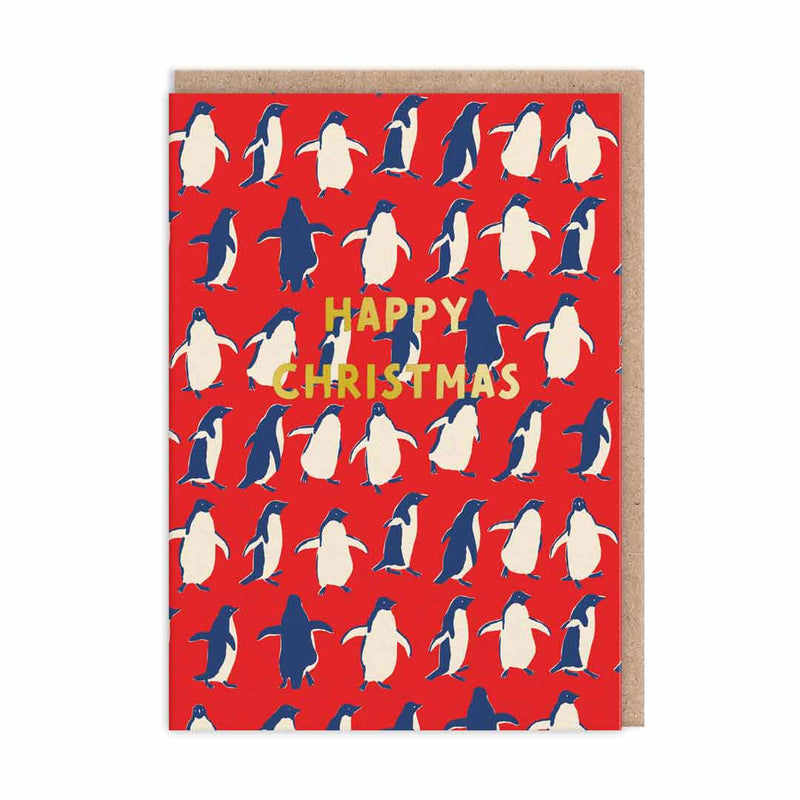 Red Christmas card with dancing penguins pattern and gold-foil Happy Christmas text; A6, blank inside, brown kraft envelope by Emily Taylor