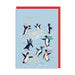 Light blue Christmas card with penguins having a snowball fight around an igloo, gold-foil Happy Christmas text; A6, blank inside, red envelope by Emily Taylor