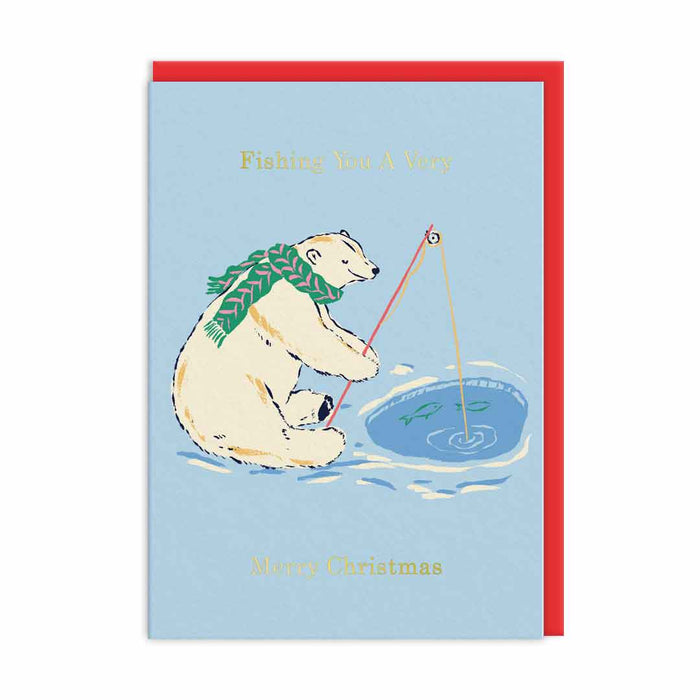 Light blue Christmas card with polar bear ice fishing and gold-foil text Fishing You a Merry Christmas; A6, blank inside, red envelope by Emily Taylor