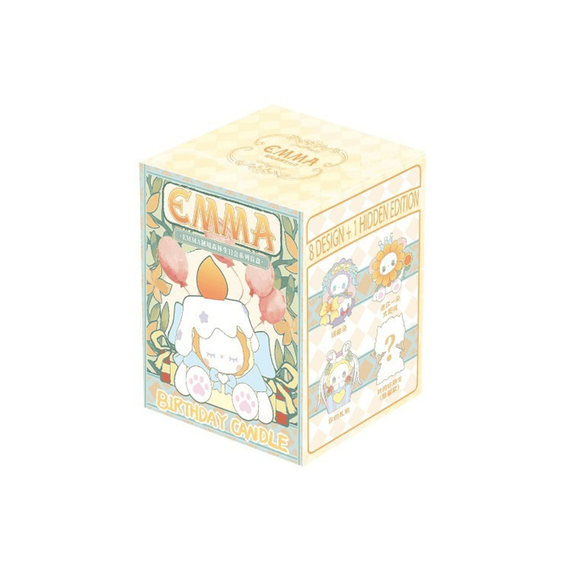 Front-angle photo of the cream-yellow “Emma Birthday Candle” blind-box packaging with figure sketches

