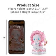 Size comparison image showing a 3.1–3.4 in Birthday Party figure beside a 5.5 in iPhone X
