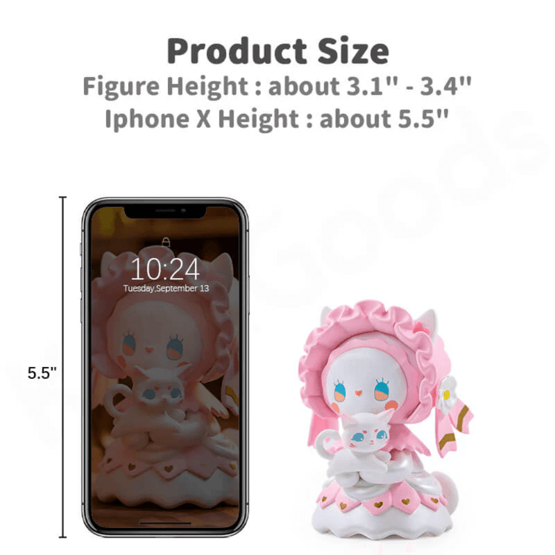 Size comparison image showing a 3.1–3.4 in Birthday Party figure beside a 5.5 in iPhone X
