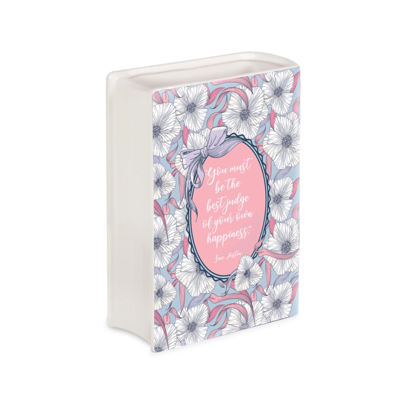 Back of Emma book vase showing Jane Austen happiness quote framed by flowers

