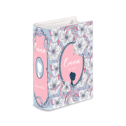 Front angle of Emma Jane Austen ceramic book vase with blue and pink floral design
