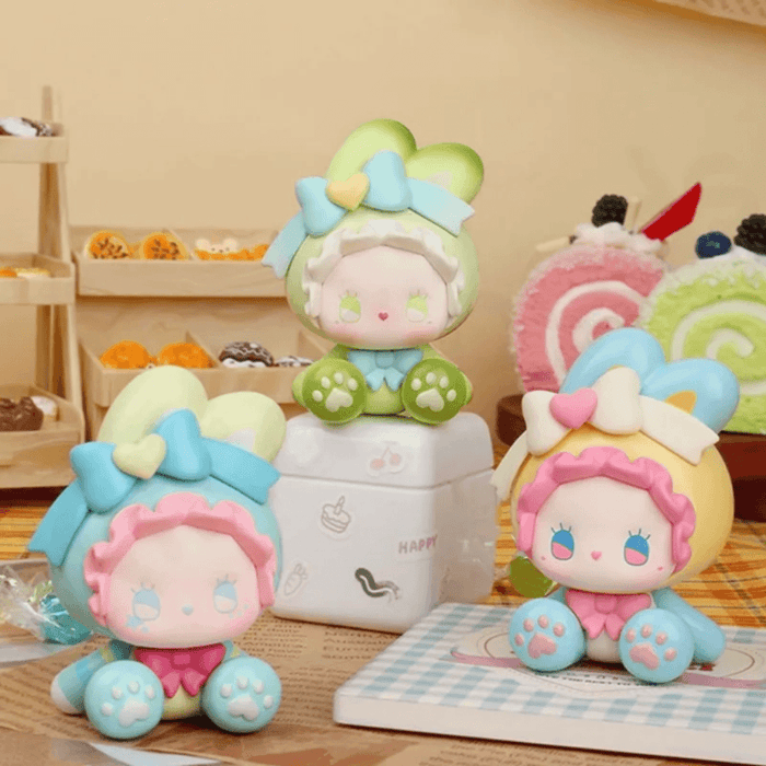 EMMA Bunny Collector Debut Series figures displayed together including green and blue pastel designs