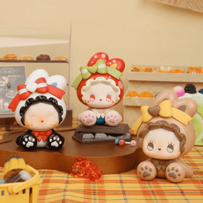 EMMA Bunny Collector Debut Series figures including mushroom, rice ball and mocha-inspired bunny designs