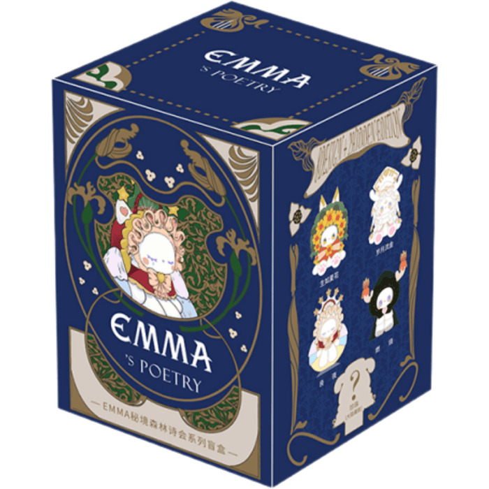 Emma’s Poetry blind box packaging with ornate blue and gold artwork and illustrated collectible character designs