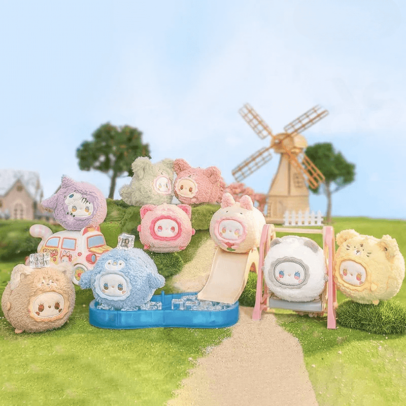 Full line‑up of Emma Rua Rua Zoo plush blind box collectables displayed in a miniature playground scene.
