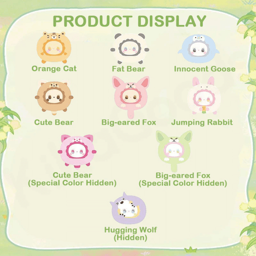 Illustration showing 6 regular, 2 colour variants and 1 hidden Emma Rua Rua Zoo plush blind box designs.


