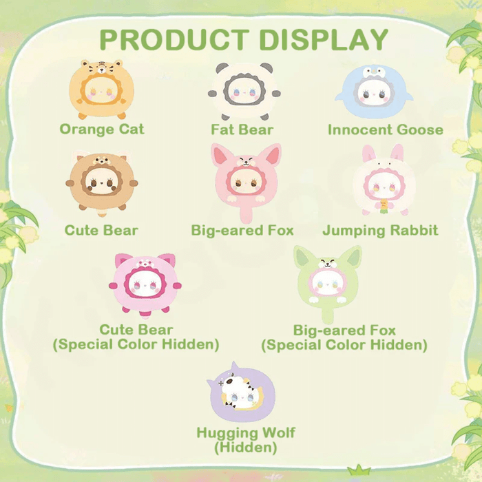 Illustration showing 6 regular, 2 colour variants and 1 hidden Emma Rua Rua Zoo plush blind box designs.

