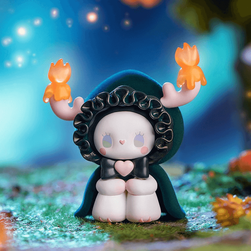 Burn figure from Emma Secret Forest Poetry Party Blind Box, dark‑green hooded bunny with flame‑tipped antlers

