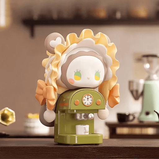 Coffee Machine bunny perched on green espresso maker – Emma Secret Forest Blind Box figure
