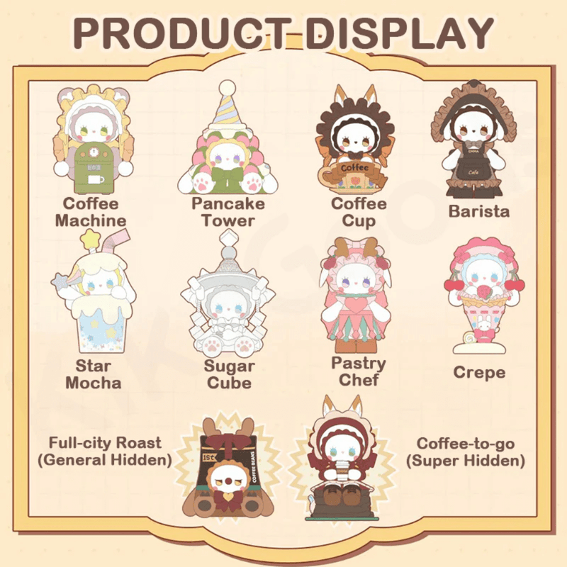 Illustrated line-up of all Coffee Shop Series Blind Box designs and rarity chart

