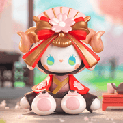 Blessed Shrine Maiden figure with gold ram horns, red bow and fan, Emma Secret Forest blind box
