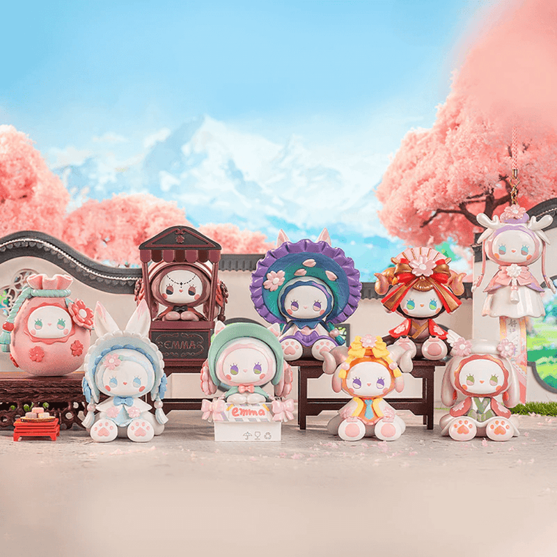 All nine Evening Cherry Blossom figures—including hidden Wind’s Start—posed in a spring garden scene
