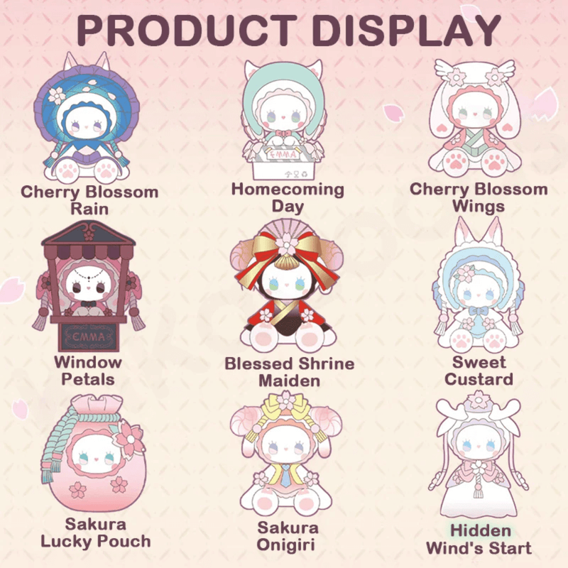 Illustrated product display of all Evening Cherry Blossom Series blind box designs


