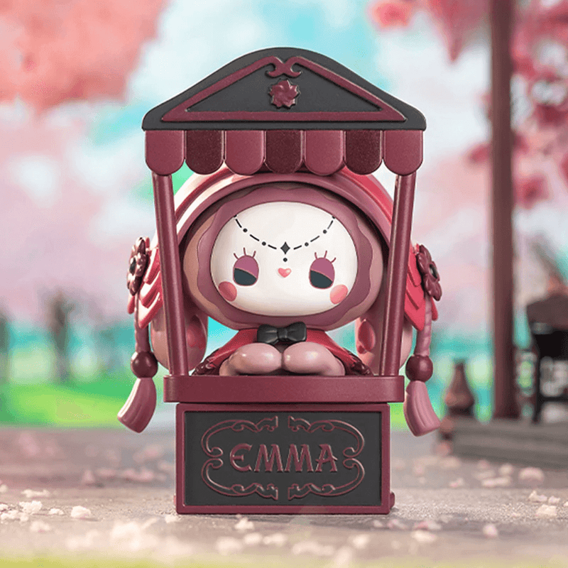 Window Petals mini figure sitting in burgundy stall with tassels, Emma Secret Forest blind box collectable

