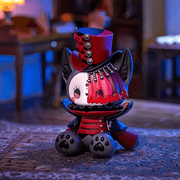 Butler figure, red‑and‑black top‑hat bunny with beaded veil and heart paw prints
