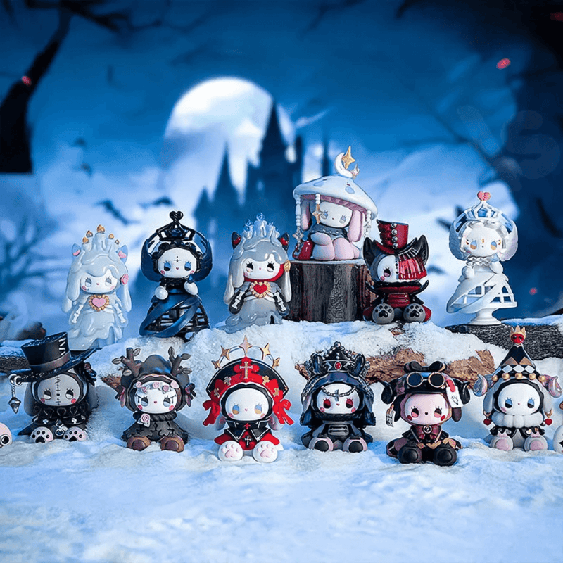 Group shot of all Emma Secret Forest Frostveil Villa Blind Box collectables posed in a moonlit snowy scene
