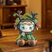 Gardener figure, green‑hooded bunny with rose crown and twig antlers, Frostveil Villa series

