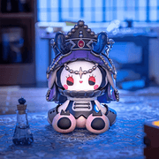Alternate view of Heir figure, purple‑crowned bunny in dimly‑lit study
