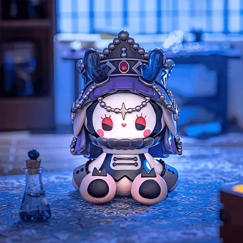 Alternate view of Heir figure, purple‑crowned bunny in dimly‑lit study
