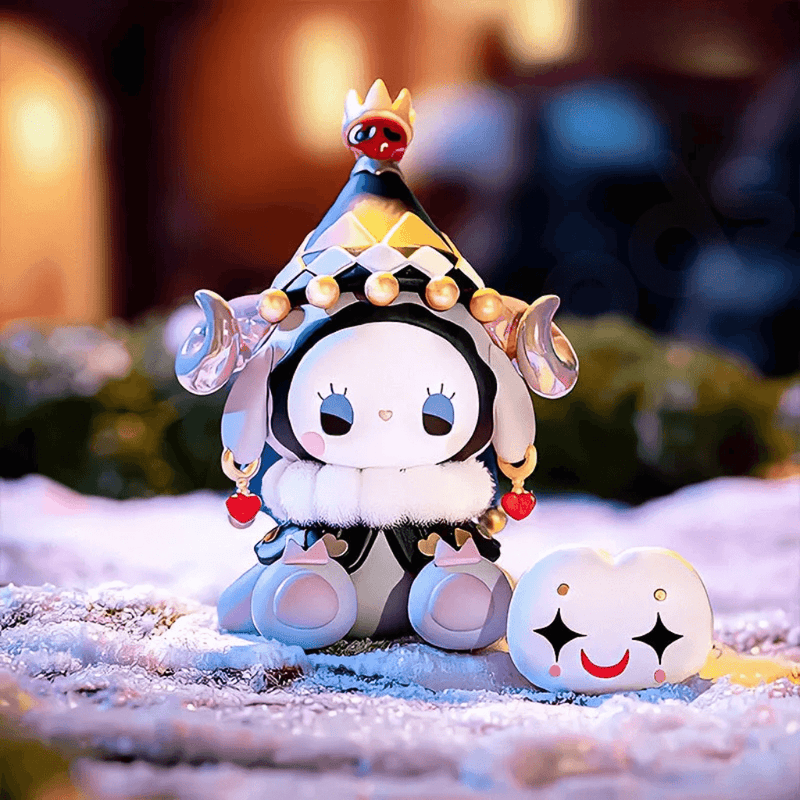 Master Thief figure from Frostveil Villa Blind Box, crowned bunny with mask and smiling white sidekick
